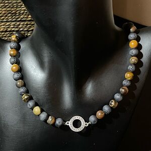Unisex Necklace -Natural Stones -Tiger eye&Black Lava -Hand Made Agate store